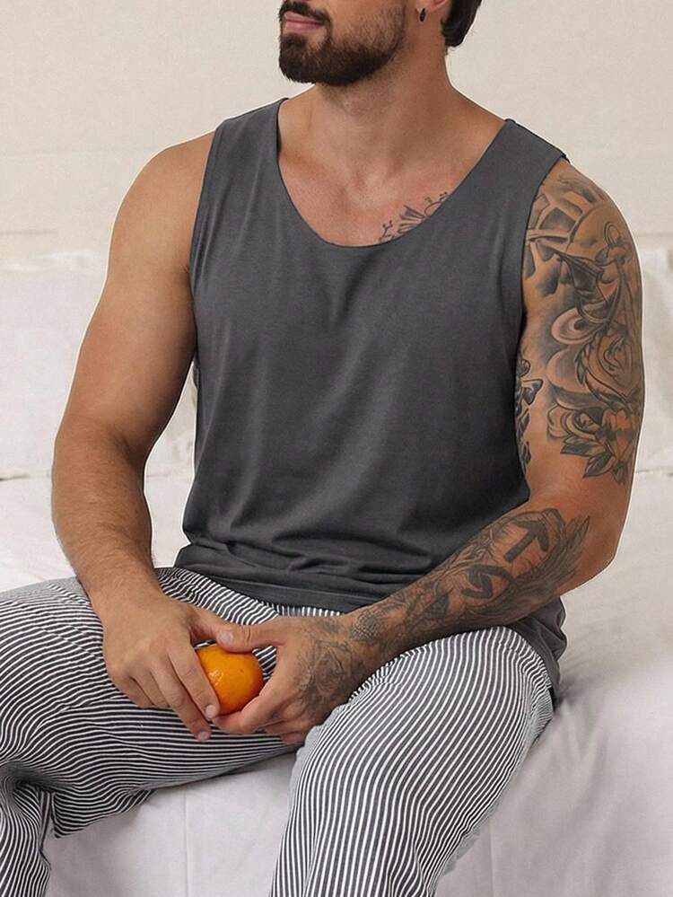 Men's Solid Gray Seamless Homewear Top, Summer