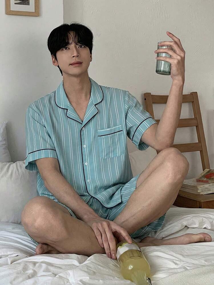 Men's Summer Short Sleeve Shirt And Shorts Striped Pajama Set