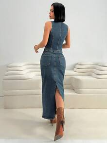 SHEIN Woman Denim Two Pieces Vest And Skirt Set Comfort Stretch Fabric - Medium Wash - View 2