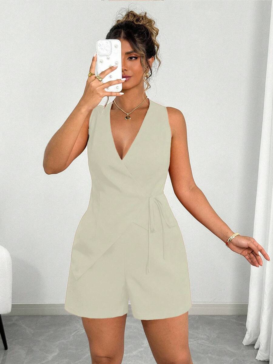 Elenzga 加大码红色复古系带不对称无袖上衣和短裤两件套摆裙套装（女款） - 卡其色 - 查看 1