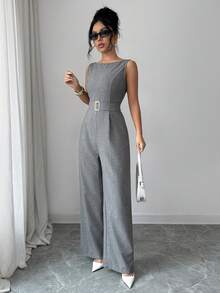 Rafferiza 法式浪漫无袖高腰带光滑面料金属扣装饰阔腿直筒女式连体裤女士夏季服装女士办公服装外出服装喇叭连体裤无袖连体裤裤装女士优雅连体裤女士连体裤 - 灰色 - 查看 4