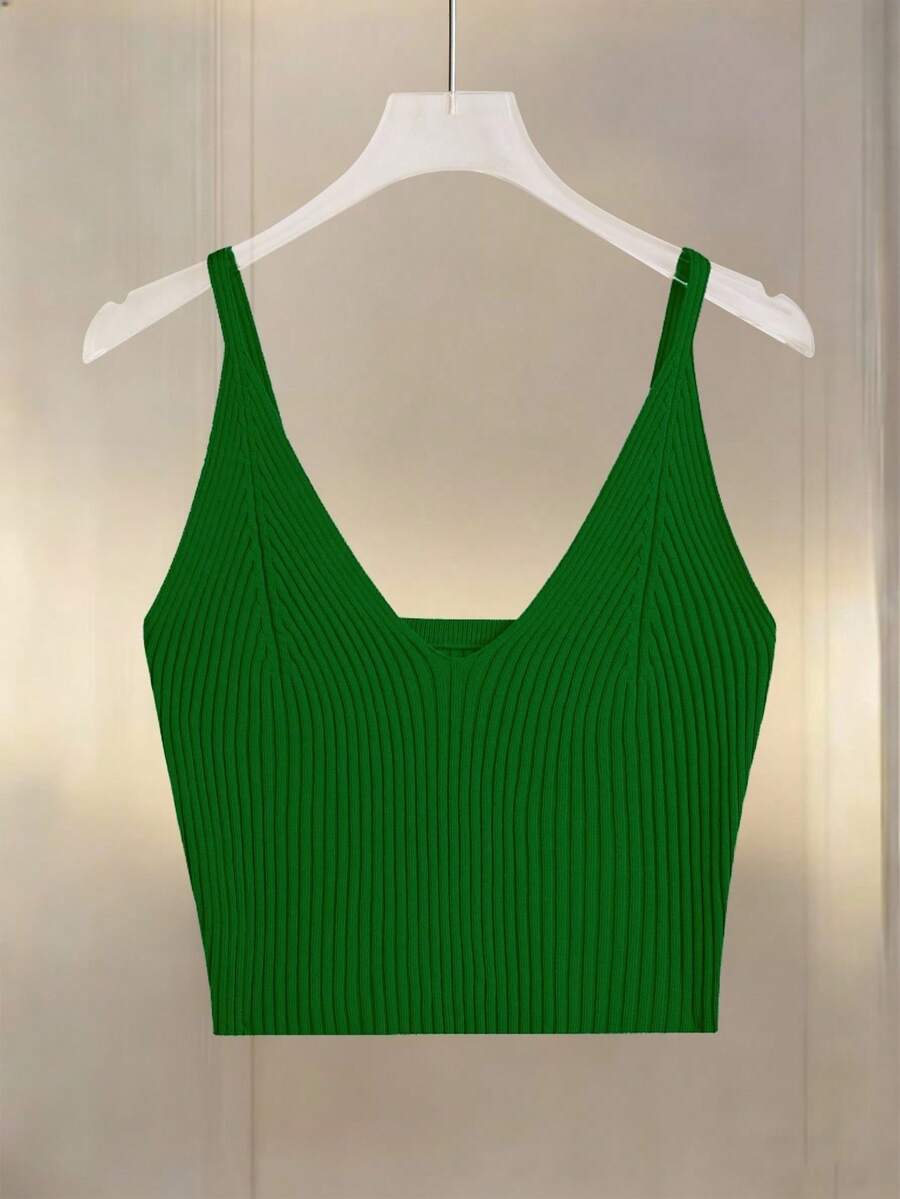 Franclia Camiseta de punto de unicolor acanalado de moda para mujer - Verde - Ver 1
