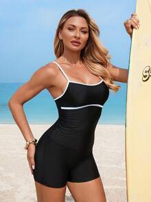 Swim SPRTY Women's Contrast Color Camisole Tankini - Black - View 3