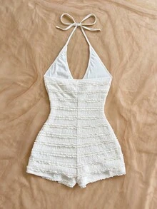 Soleia White Summer Boho Beach Vacation Holiday Holiday Multicolor Knitted Striped Halter Backless Mini Jumpsuit For Halloween,New Year,Carnival,Party,Date - Apricot - View 2