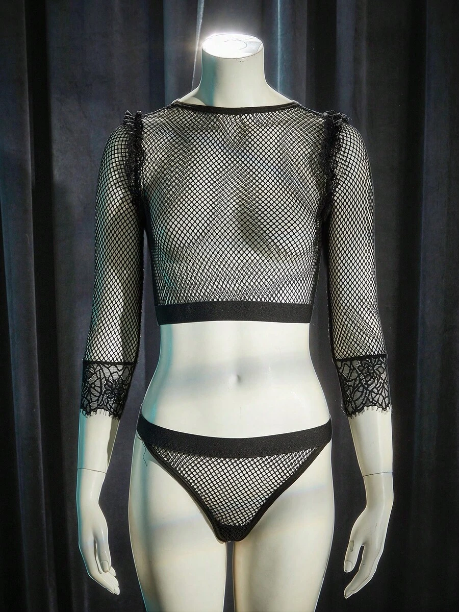 SpicyHot 2pcs Extremely Sexy Mesh Lingerie Set - Black - View 1
