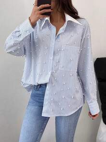 INAWLY Women's Casual Elegant Elegant Office Commute Loose Faux Pearl Long Sleeve Shirt, Spring/Autumn - Blue - View 4