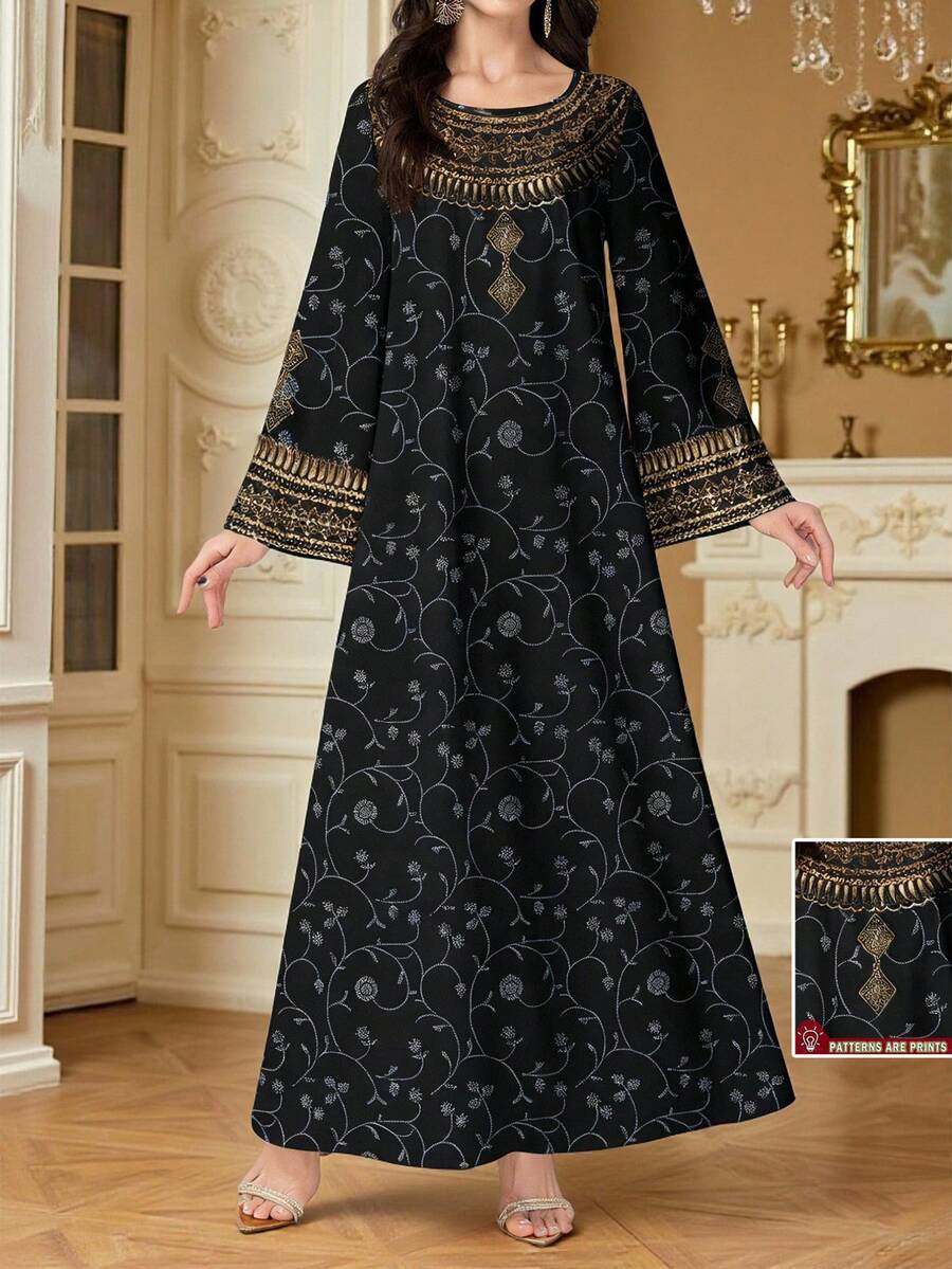 SHEIN Najma 女士花卉、植物和几何图案数码印花V领长袖优雅阿拉伯风格长款连衣裙，春季 - 彩色 - 查看 1