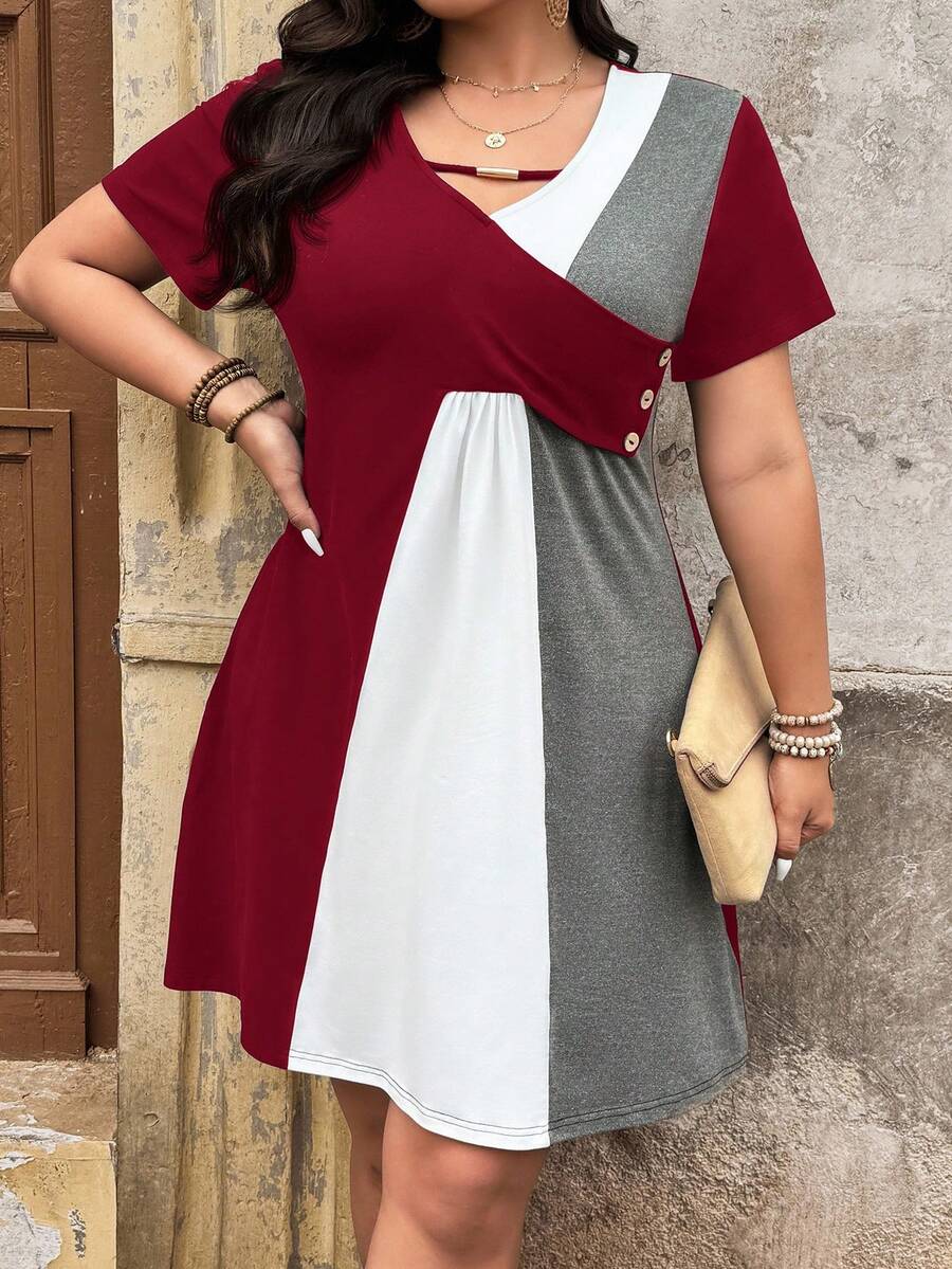 SHEIN LUNE Plus Size Women's Contrast Color Button Design Short Sleeve Casual Dress Block Patch Work Summer Curve Patchwork Dresses - Burgundy - View 1