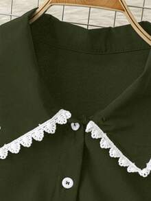 DreamSkyne Plus Size Women's Contrast Color Ruffle Button Long Sleeve Casual Shirt - Army Green - View 6