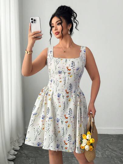 Elenzga Plus Size Women Floral Print Square Neck Sleeveless Casual Dress