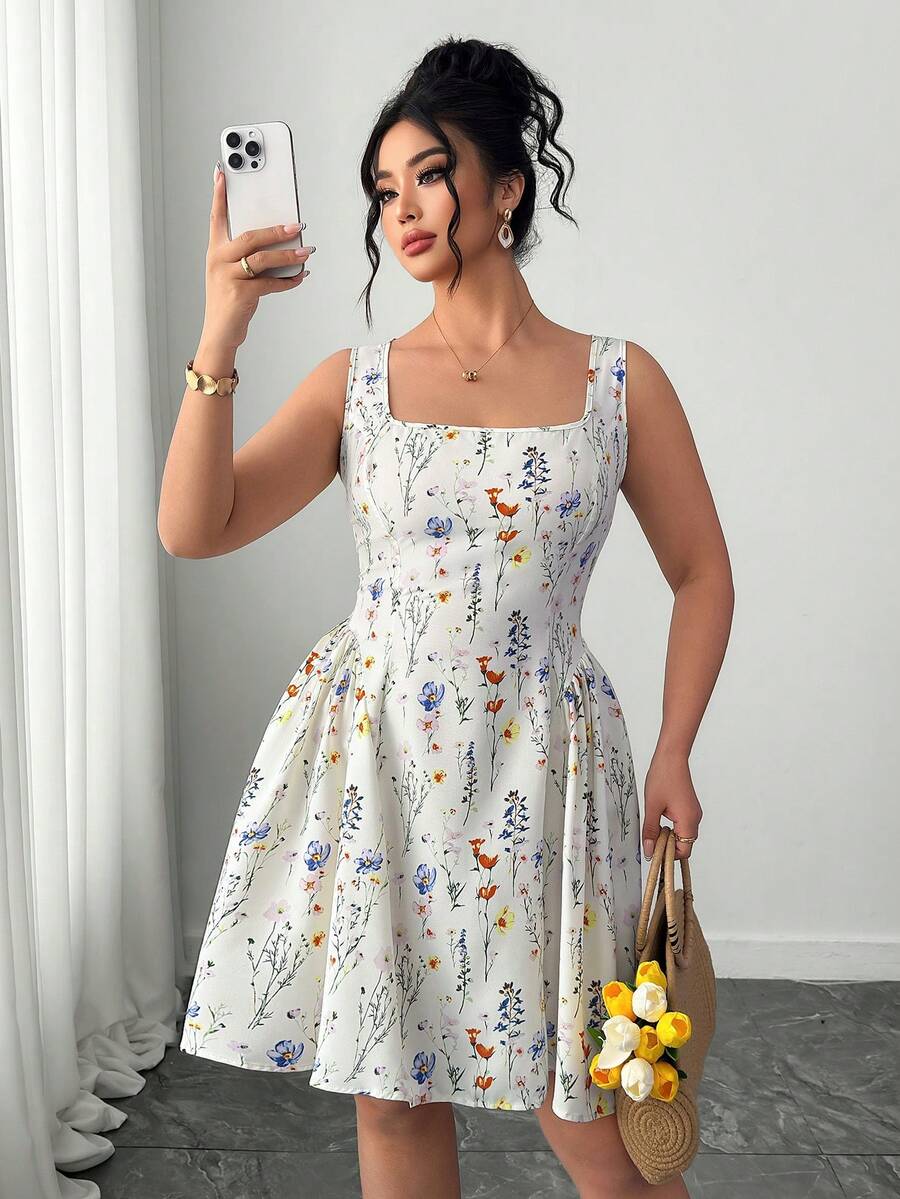 Elenzga 大码女式碎花方领无袖休闲连衣裙 - 彩色 - 查看 1