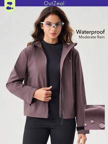 OutZeal Women Shell Jacket Daily Casual Water- Resistant Reflective Strip High Neck Drawstring Hem With Pocket - Purple - View 1