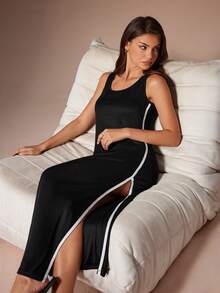 Lazeform Damen Lässig Bodycon Kleid mit kontrastierendem Seitenstreifen, Loungewear ärmelloses Maxikleid mit Schlitz an der Seite, Damenkleid schwarz - Schwarz - Übersicht 8