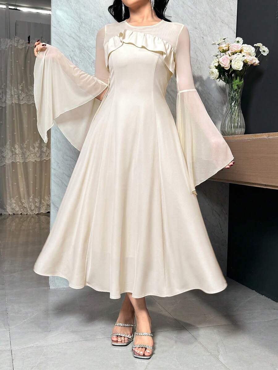 DAZY 女士优雅拼接荷叶边喇叭袖中长连衣裙，春夏婚礼宾客礼服 - 米色 - 查看 1