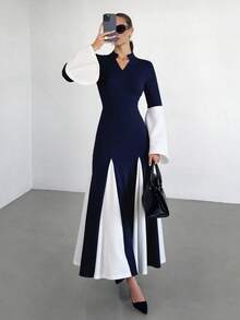 Siren Gaze Vestido longo feminino com punhos oversized em cores contrastantes - Azul - Ver 8