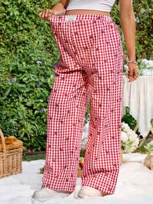 SHEIN 孕妇休闲格子草莓刺绣裤 - 紅色 - 查看 6