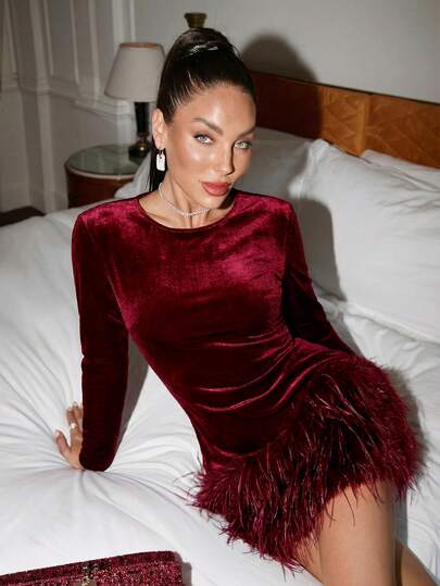 Lavishia Vestido de felpa burdeos para mujer, de moda para el atuendo de Año Nuevo, fiesta de Año Nuevo, reunión del Día de San Valentín