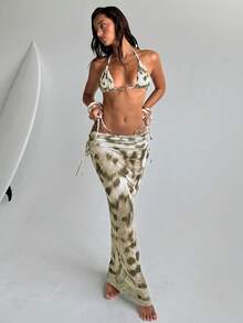 Aloruh 女士三件套比基尼套装，性感优雅浪漫复古金属装饰迷你三角罩杯挂脖上衣、迷你丁字裤和超长纱笼裙，适合海滩度假 - 彩色 - 查看 5