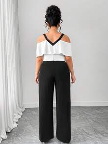 Elenzga Bộ jumpsuit dáng ôm thanh lịch cổ tròn viền bèo nhún phối màu đen trắng dành cho nữ cỡ lớn - Đen và trắng - Xem 2