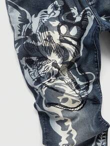 ROMWE MEN Men's Printed Layered Denim Jeans - Blue - View 2