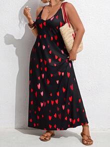 EMERY ROSE Plus Size Women's Valentine Day Heart Strap Maxi Dress, Black And Red Print Loose Strap Long Dress,Casual Summer Travel Date Wear - Multicolor - View 3