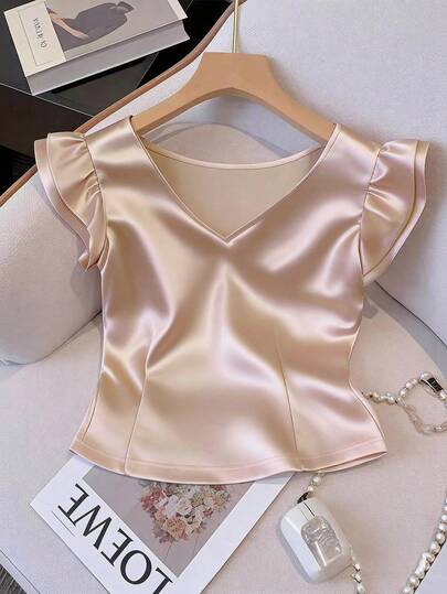 GlowEve Women's Satin Crepe Short Cap Sleeve V-Neck Fitted Elegant Casual Commute French Chic Vintage Versatile Business Holiday Champagne Cap Sleeve Cap Sleeve Early Spring/Spring-Summer New Top/Blouse