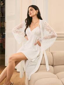 2件套法式优雅吊带连衣裙和睡袍睡衣套装（女士款） - 白色 - 查看 1