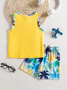 SHEIN Young Boy Tropical Print Vest And Shorts 2 Pieces Set, Casual Holiday Outfit Kids Tropical Outfit Boy Outfit Summer Toddler Boy Beach Set