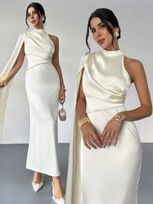 Firerie Women's Sexy  Elegant Minimalist Commuting Long Ribbon Backless Fitted Charmeuse Solid Color Asymmetry Waist Dress,Waist A-Line Dress, New Women's Dress, Waist Cinched Dress, Formal/Casual Commute,Wedding,Vacation Outfits Women,Valentine's Day Dress,Summer Dress ,Wedding Dress,Formal, Casual Date, Vacation,Prom Dress,Spring Break Outfits - Apricot - View 3