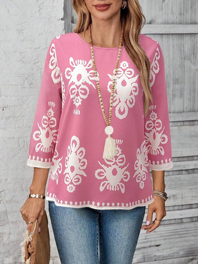 Plus Size Casual Retro Print Round Neck Shirt/Vacation/Summer/Spring Boho Tops For Women Boho Blouse  Elegant Dress Women