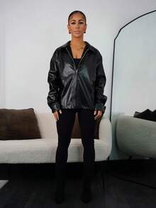 SAYEHFBABY Women's Fashion Street Style Black Zip-Up PU Leather Jacket, Autumn, Grunge,Casual,Black,PU,Baggy - Black - View 1