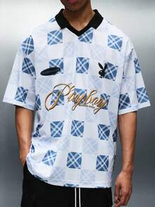 PLAYBOY X SUMWON Polo à manches courtes avec motif à carreaux, jersey de football pour hommes, avec logo. Top de sport casual - Bleu azur - Voir 5