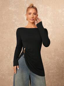 Lumalex 女士纯色船领长袖褶皱修身时尚T恤 - 黑色 - 查看 6