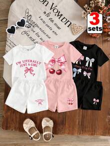Vintaside Kids 3件套女婴6个月-3岁休闲可爱蝴蝶结字母印花短袖针织圆领上衣和松紧腰短裤套装，多色可选，适合春夏穿着 - 彩色 - 查看 3