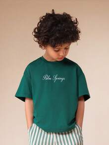 SUMWON 男童棕榈泉印花T恤搭配竖条纹阔腿裤套装，夏季休闲两件套 - 綠色 - 查看 5