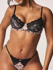 Missguided x Playboy Snake Print Lace Trim Bra And Panty Set With Underwire Support Padded Cups Balconette Style Intimate Lingerie Collection - Multicolor - View 4