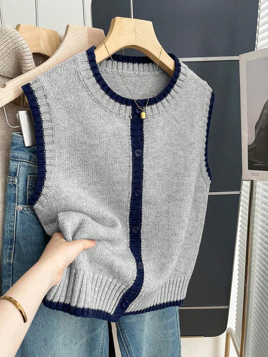 Franclia Áo vest len nữ kiểu Pháp cổ tròn dáng rộng không tay, viền tương phản, thích hợp cho mùa thu/đông. - Màu Xám nhạt - Xem 1
