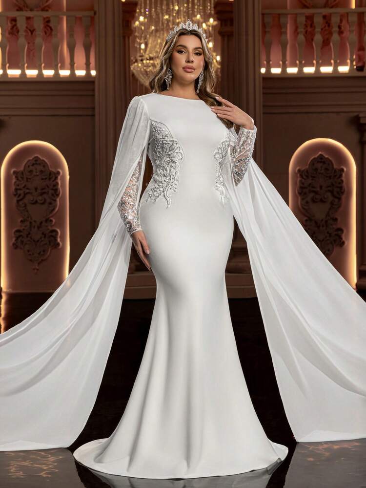 Aureia Đầm cưới cỡ lớn sang trọng, thanh lịch, chất liệu vải dệt kim đính sequin, cổ tròn, tay dài, dáng đuôi cá với tay áo cực dài và vạt váy dài thướt tha, thích hợp cho các sự kiện cưới. - trắng - Xem 6
