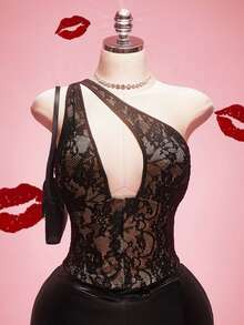 SHEIN ICON Blouse sexy à une épaule en dentelle ajourée, grande taille Y2K - Noir - Voir 2
