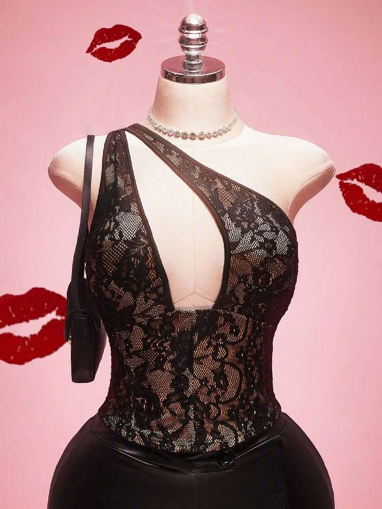 SHEIN ICON 大码 Y2K 性感单肩蕾丝镂空上衣 - 黑色 - 查看 2