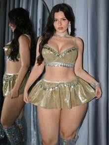 MidnightGlam 两件套加大码女士金属亮片边饰内衣套装 - 香檳色 - 查看 5