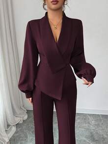 SHEIN Elenzya Bộ quần ống loe dáng chữ A, dáng suông, màu trơn, cổ bẻ không đều, thanh lịch, thoải mái khi đi làm, đi nghỉ, tiệc trà chiều dành cho nữ, phù hợp cho mùa xuân, thu, đông - Màu Tím - Xem 4