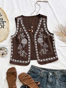 Soleia Chaleco de verano para mujer con bordado floral occidental y apertura delantera - Marrón - Ver 4