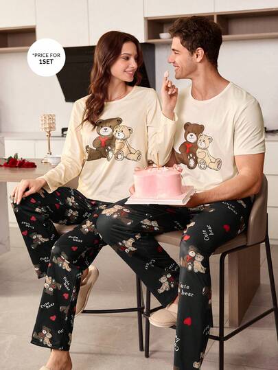 Manfinity CoupledUp 2pcs Cute Bear Print Short Sleeve Pajama Set For Men