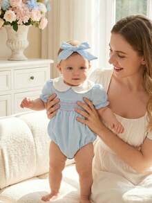 SHEIN Baby Girl Colorblock Peter Pan Collar Puff Sleeve Cute Bodysuit - Blue - View 9