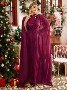 VOLUPTÉ CURVE Maxi-Kleid in Große Größen aus Chiffon, eleganter hochwertiger Göttin-Stil, V-Ausschnitt, Fledermausärmel, geraffte Taille, Kettendekoration, mehrstufiger Rock, geeignet für Valentinstag, formelle Anlässe, Bankette, romantische Stimmung - Bordeaux - Übersicht 9