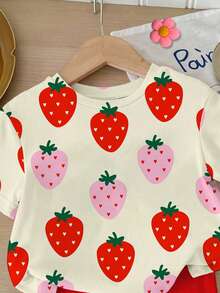 SHEIN LMoss Kids 2件套女婴休闲可爱夏季草莓水果印花T恤和打底裤套装，适合日常穿着、度假、外出，Y2K风格，儿童舒适，儿童秋季时尚，秋季新款，花开时尚，女童套装，两件套，价格实惠，时尚百搭，周末穿搭，套装，轻松舒适，可爱草莓套装，女婴草莓衬衫，女婴水果套装，红色短裤，水果连衣裙 - 彩色 - 查看 5