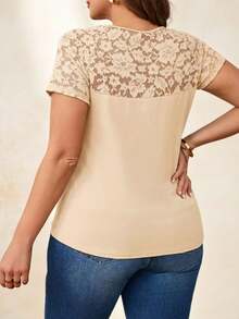 Reflora Plus Size Elegant Round Neck Contrast Lace T-Shirt - Apricot - View 2