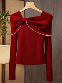 Franclia Petite Women's Elegant Burgundy Red Bow Decor Fitted Long Sleeve T-Shirt,Autumn Off Shoulder Top For Dinner Date,Commuter Wine Red Top ,Petite Women - Burgundy - View 3