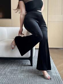 Vibekara Plus Size Black Velvet Slim Fit Flared Leg Pants, Stylish & Slimming, Autumn/Winter - Black - View 6